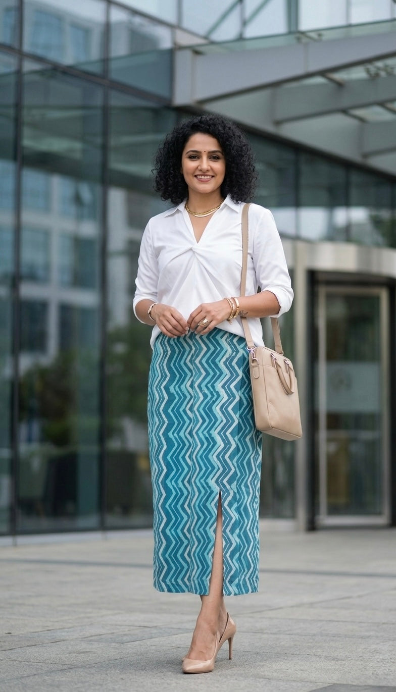 Anika-Hand block printed straight cut skirt
