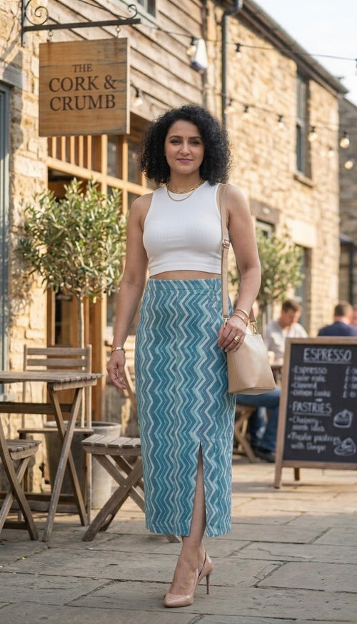 Anika-Hand block printed straight cut skirt