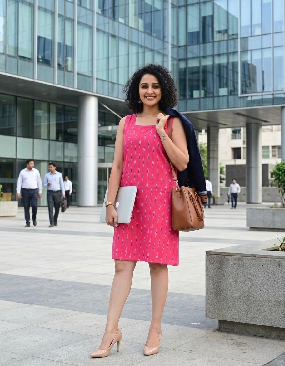 Bhuvi-Handloom ikkat weave knee length dress