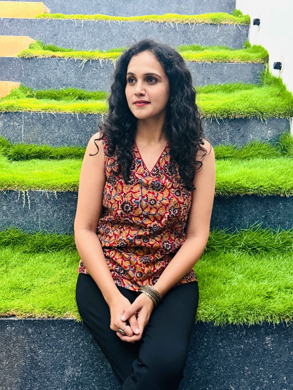Diya - Hand block printed kalamkari sleeveless short top