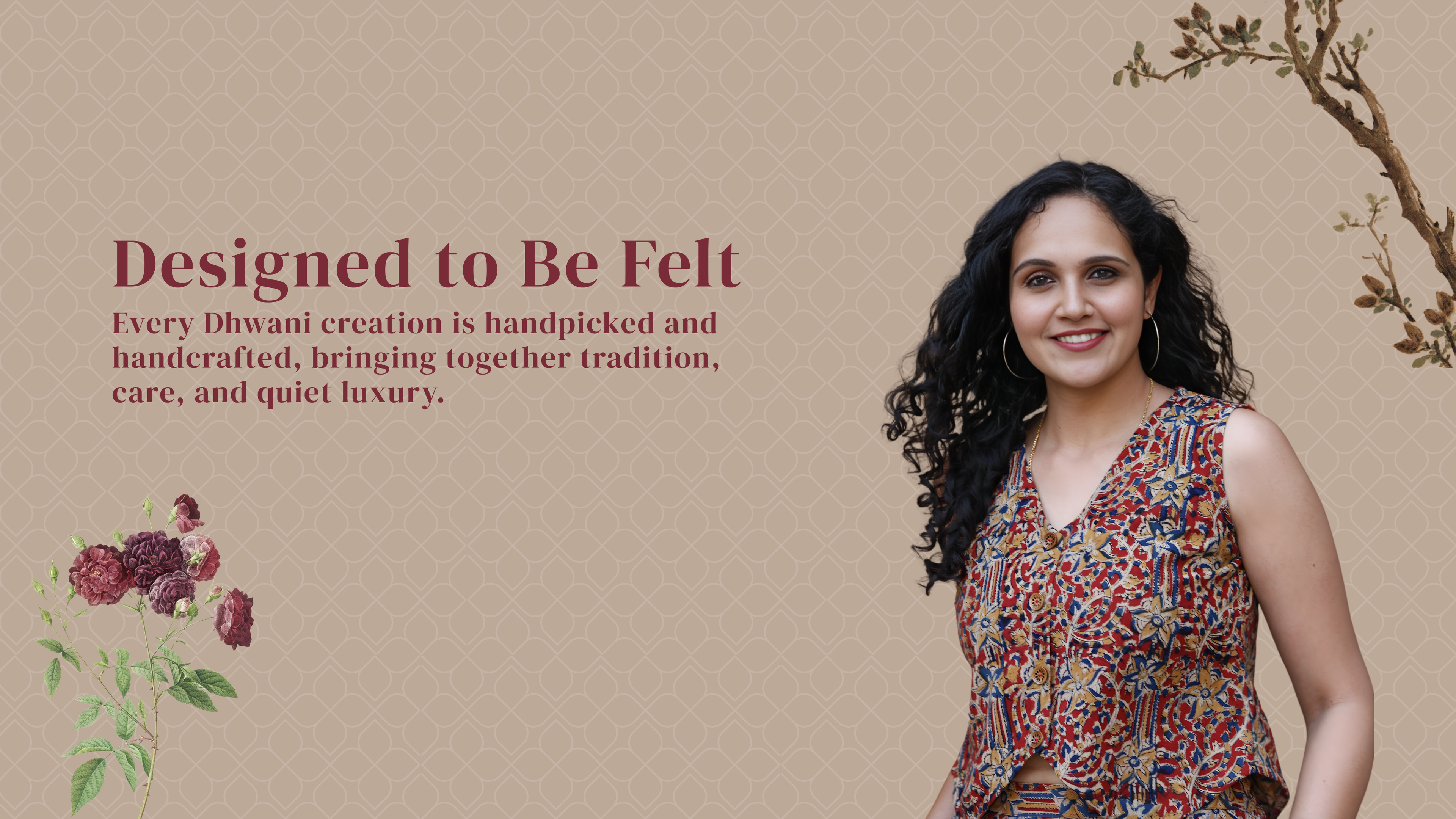 Woman wearing a patterned dress with text about Dhyani creations on a beige background