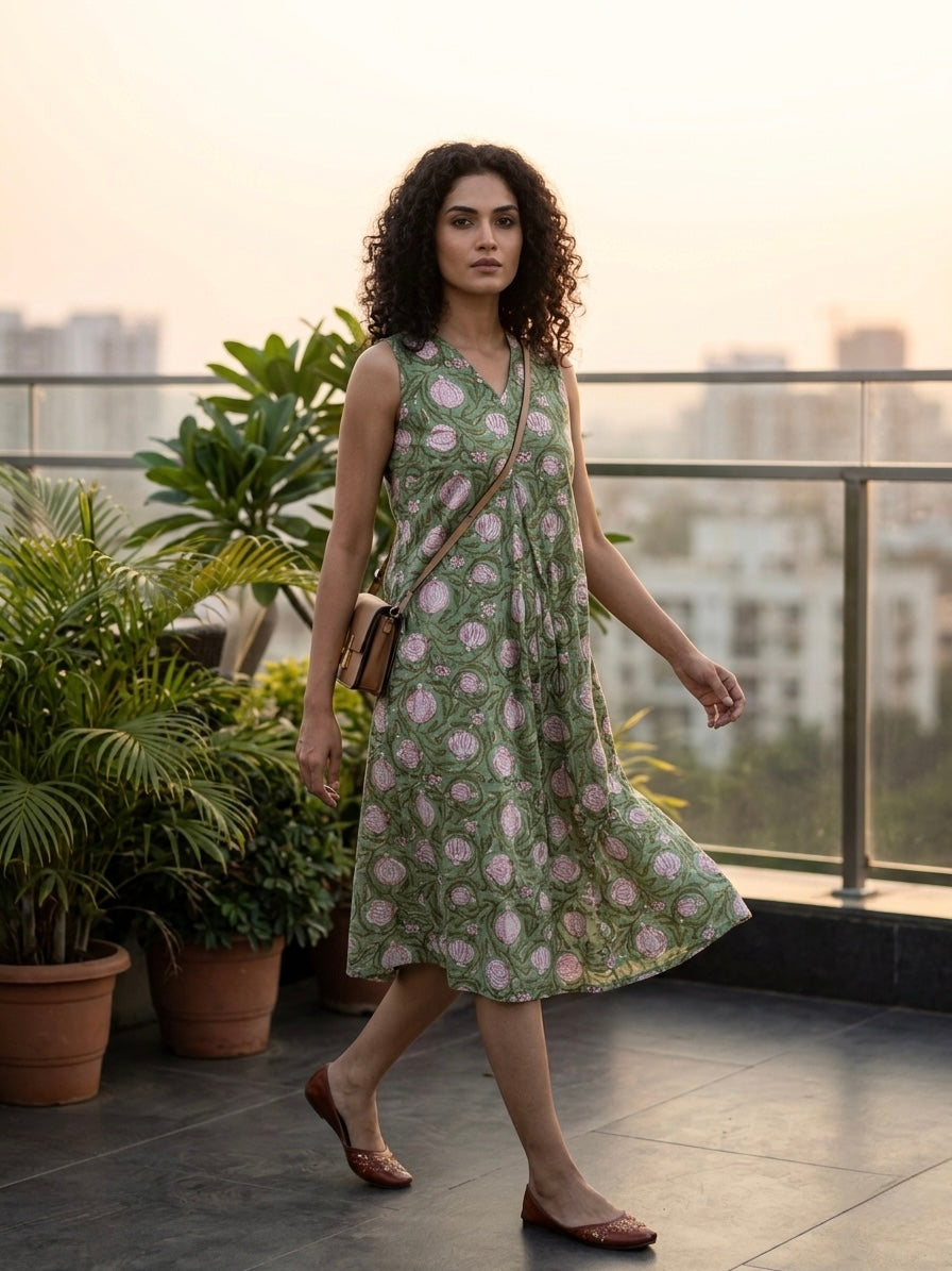 Arna - Olive Green Pleated dress