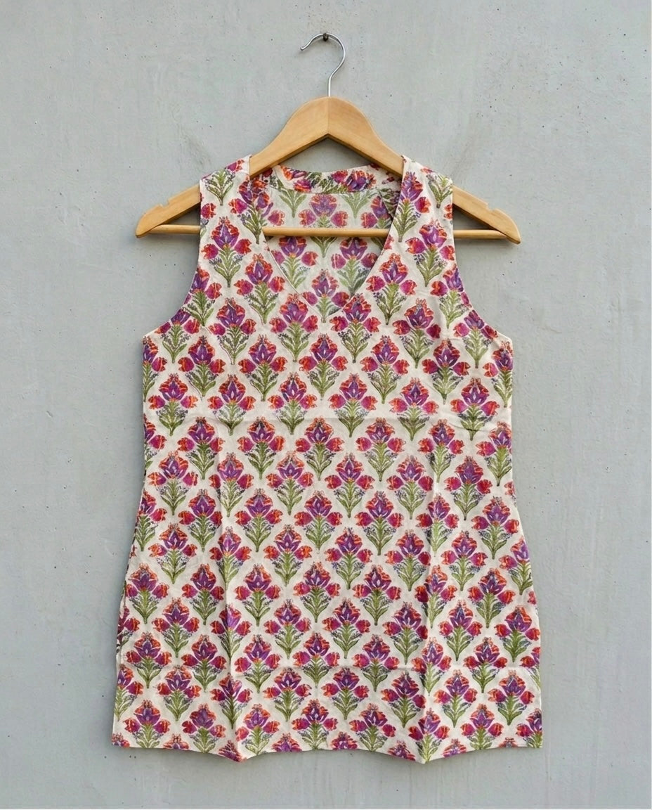 Aikya - Mauve and Magenta Floral  Halter Neck Handblock Printed Short Kurti