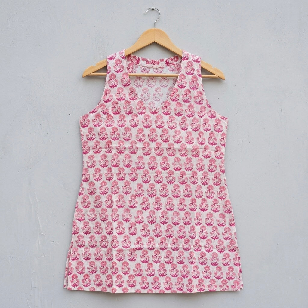 Aarvi- White Pink Floral Halter Neck Handblock Printed Short Kurti