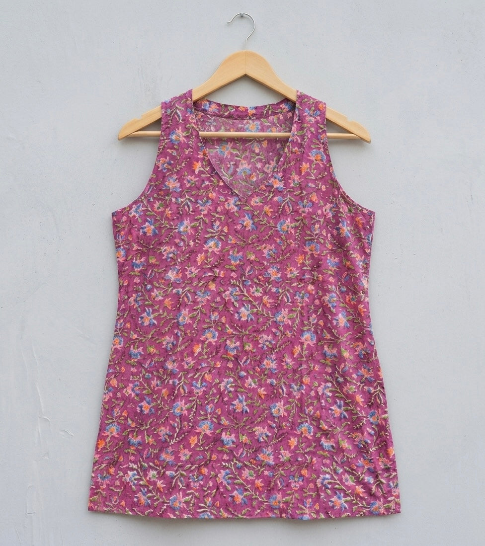 Arohi- Purple Floral Halter Neck Handblock Printed Short Kurti