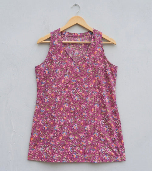 Arohi- Purple Floral Halter Neck Handblock Printed Short Kurti