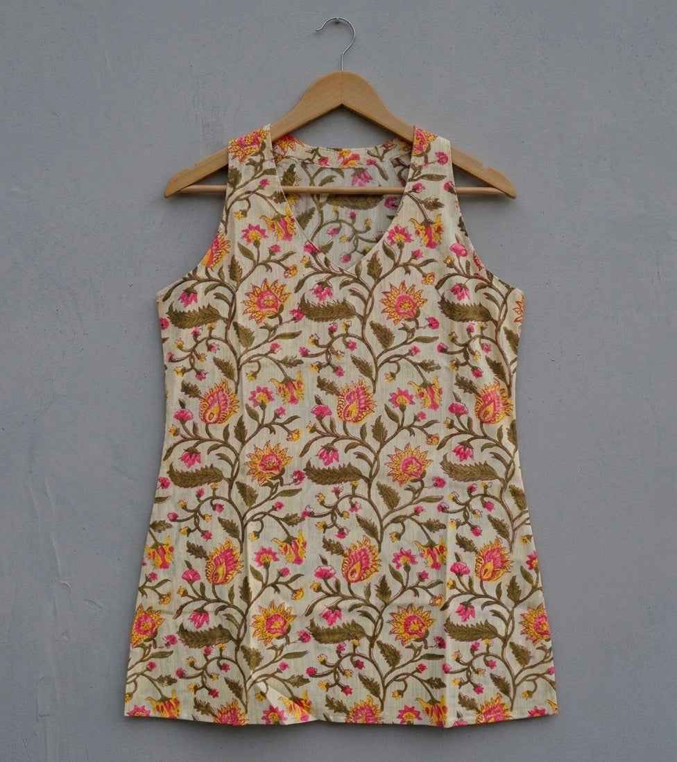 Inaya - Cream Floral Halter Neck Handblock Printed Short Kurti