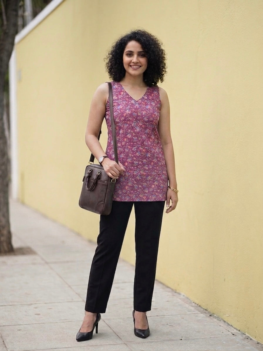 Arohi- Purple Floral Halter Neck Handblock Printed Short Kurti