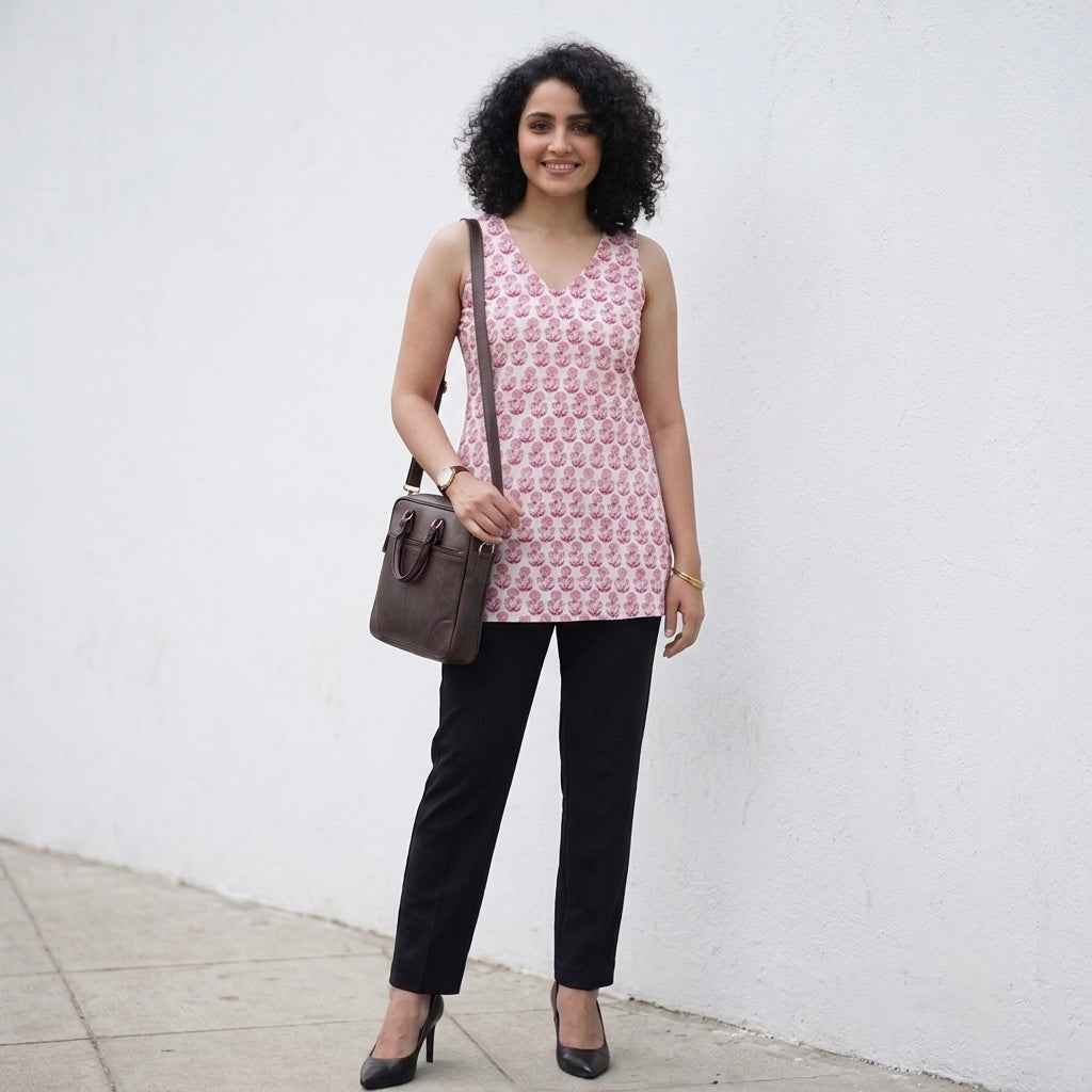 Aarvi- White Pink Floral Halter Neck Handblock Printed Short Kurti