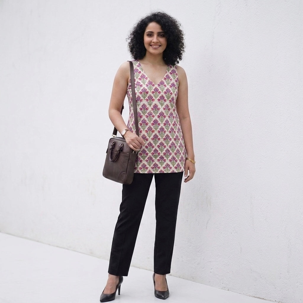 Aikya - Mauve and Magenta Floral  Halter Neck Handblock Printed Short Kurti