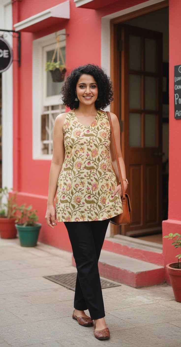 Inaya - Cream Floral Halter Neck Handblock Printed Short Kurti